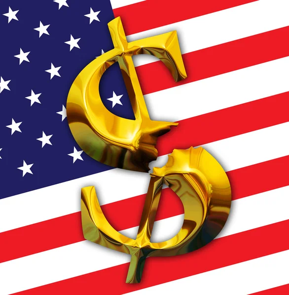 Gebroken goud dollar op Amerikaanse vlag achtergrond — Stockfoto