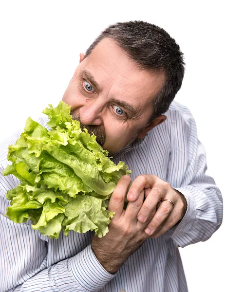 Hombre sosteniendo lechuga aislada en blanco — Foto de Stock