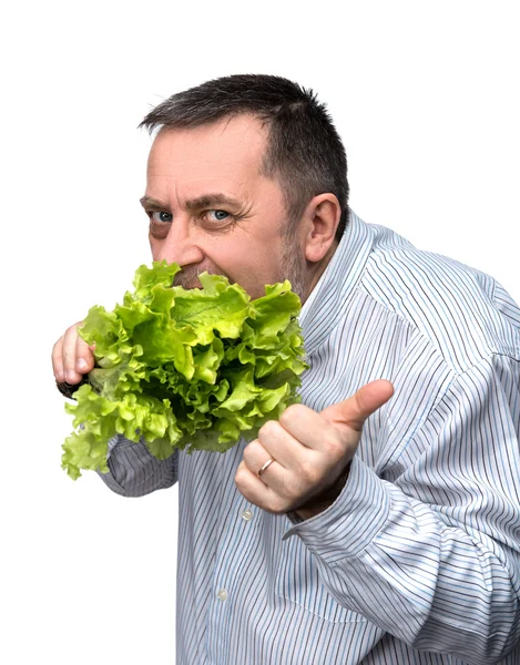 Hombre sosteniendo lechuga aislada en blanco —  Fotos de Stock