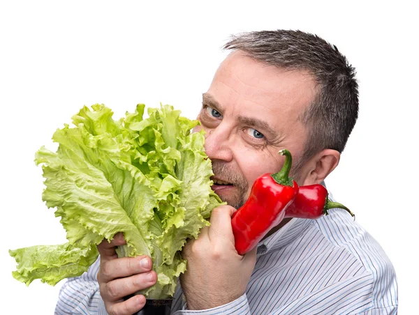 Hombre sosteniendo lechuga aislada en blanco — Foto de Stock