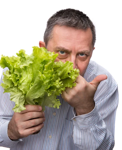 Hombre sosteniendo lechuga aislada en blanco —  Fotos de Stock