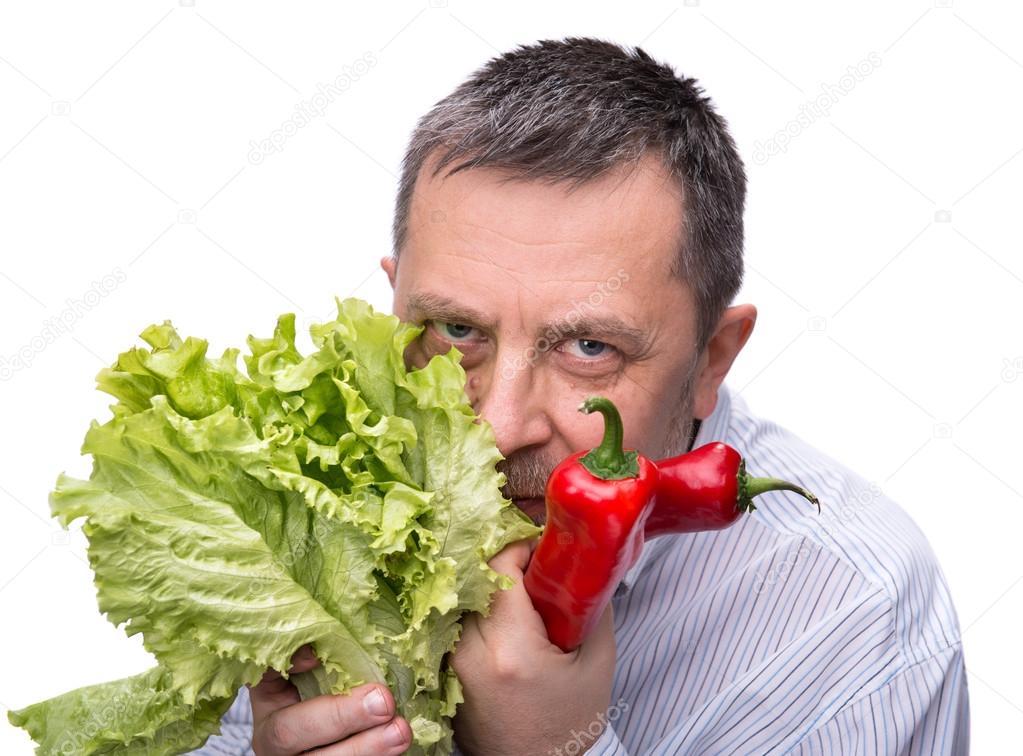 Man holding lettuce isolated on white