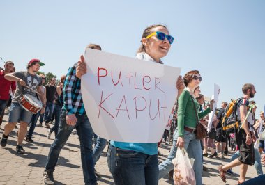 Uzhgorod, Ukrayna - ö. 1 Nisan 2014: putin gösteri Ukrayna'nın birlik ve feshi Ukrayna karşı Rus saldırı desteklemek anti.