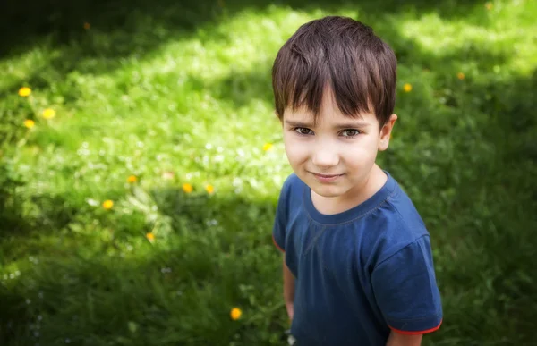 Pojken står mot grönt gräs bakgrund — Stockfoto