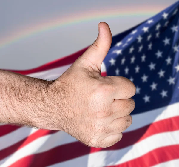 Thumb  up sign against of USA flag — Stock Photo, Image