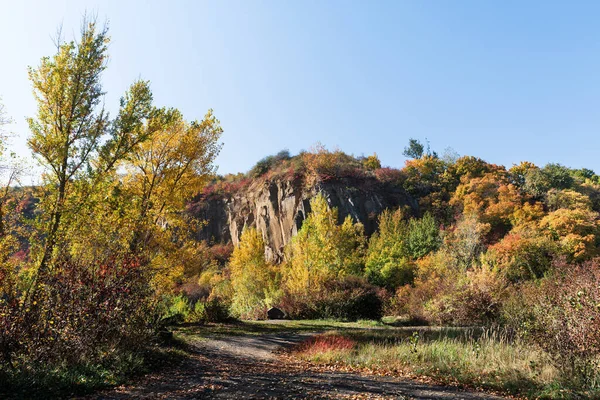 Golden Autumn Colourful Trees Old Quarry Rocks Yellow Trees — Stock Photo, Image