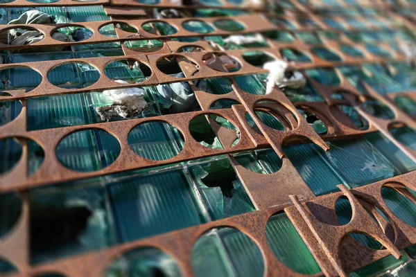 Wall Old Industrial Building Broken Glass Panels Rusty Metal Plates — Stock Photo, Image