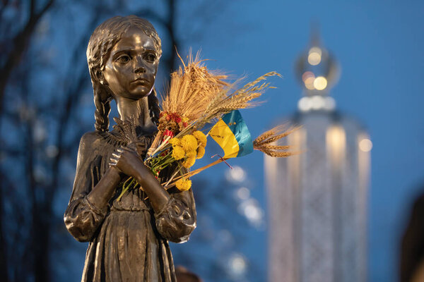 KYIV, UKRAINE - Nov. 27, 2021: Monument to victims of Holodomor. Ceremony of commemoration of victims of the famine-genocide of 1923-1933 years in the Ukraine