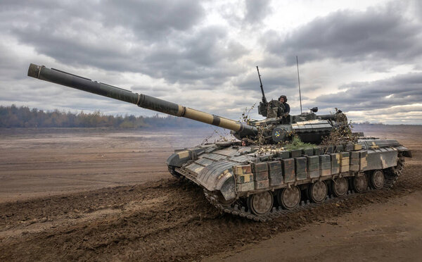 ZHYTOMYR Reg, UKRAINE - Oct. 14, 2017: Tanks of the Ukrainian army on the march. Combat training of the Armed Forces of Ukraine in the training center of Zhytomyr region.