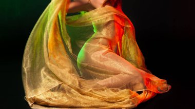 Stüdyoda poz veren genç çıplak bir kadın. Altından bir şal ve koyu bir arka plan.