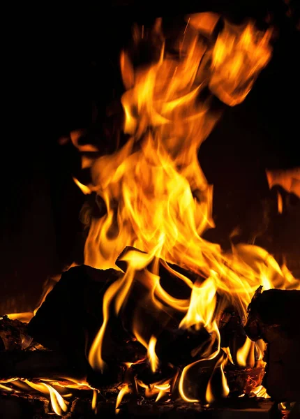 火灾背景和纹理 在黑暗的背景上用木柴和火燃火 — 图库照片