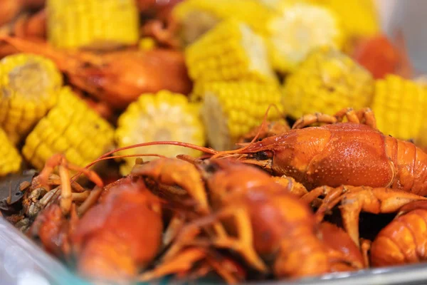 Street Food Casserole Red Boiled Crawfish Corn — Stock Photo, Image