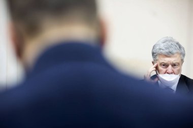 KYIV, UKRAINE - 17 Ocak 2022 Ukrayna Petro Poroshenko Başkanı Kyiv 'in Pechersky mahkemesinde