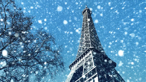 巴黎的埃菲尔铁塔在冬天的一天 巴黎的降雪 — 图库照片