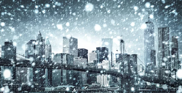 Νέα Υόρκη Χειμώνα Manhattan Ορίζοντα Και Γέφυρα Του Μπρούκλιν Κατά — Φωτογραφία Αρχείου