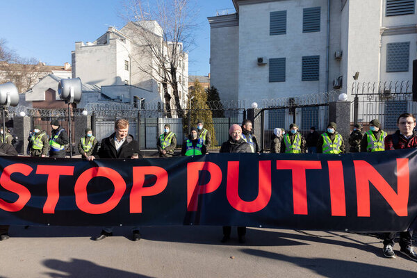 KYIV, UKRAINE - Feb. 22, 2022:  The empire must die. Protest action near the Embassy of the Russian Federation in Kiev.