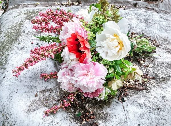 Arte Organizar Buquês Flores Buquê Romântico Brilhante Flores Primavera Fundo — Fotografia de Stock