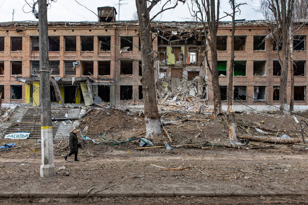 VASYLKIV, UKRAINE - Mar. 07, 2022: War in Ukraine. Completely destroyed lyceum building as a result of the russian rocket attack.