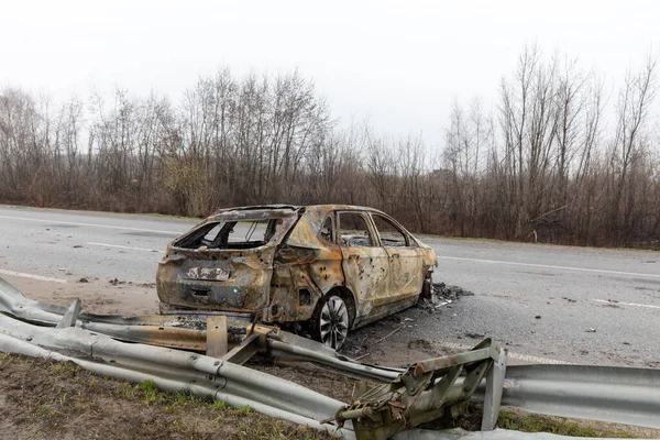 Киев Рег Украина Апр 2022 Разрушенные Сожжённые Машины Замеченные Киево — стоковое фото