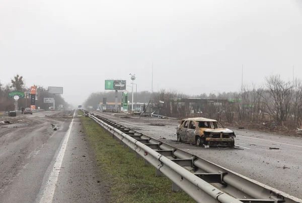 Kyiv Reg Ukraine Nisan 2022 Kyiv Zhytomyr Karayolunda Tahrip Edilmiş — Stok fotoğraf