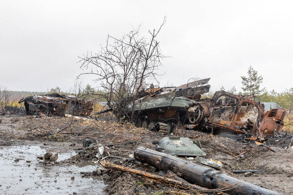 DMITRIVKA, UKRAINE - Apr. 03, 2022: Broken tanks and combat vehicles of the Russian invaders near the village of Dmitrievka, Kiev region.