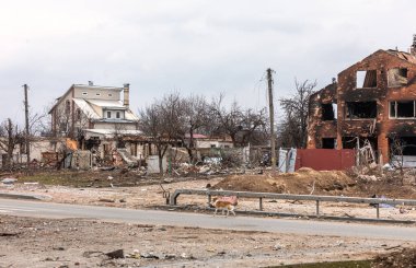 CHERNIHIV, UKRAINE - Nisan. 05, 2022: Ukrayna savaşı. Rus işgalcilerin barışçıl bir şehre saldırması sonucu Chernihiv sokaklarında kaos ve yıkılmış evler.