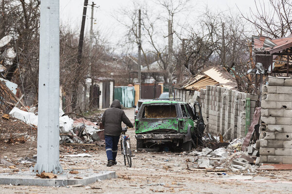 CHERNIHIV, UKRAINE - Apr. 05, 2022: War in Ukraine. Chaos and destroyed houses on the streets of Chernihiv as a result of the attack of Russian invaders on a peaceful city