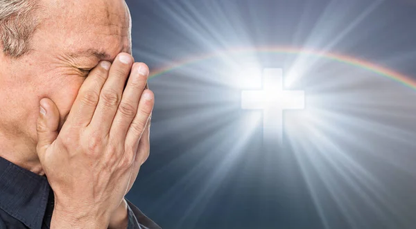 Elderly Man Face Closed Hands Background Sky Cross Symbol Faith — Stock Photo, Image