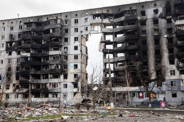 BORODYANKA, UKRAINE - APR. 06, 2022: War in Ukraine. Chaos and devastation on the streets of Borodyanka as a result of the attack of Russian invaders