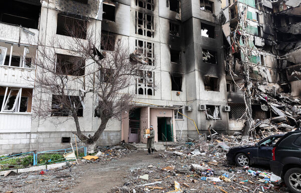 BORODYANKA, UKRAINE - APR. 06, 2022: War in Ukraine. Chaos and devastation on the streets of Borodyanka as a result of the attack of Russian invaders