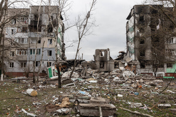 BORODYANKA, UKRAINE - APR. 06, 2022: War in Ukraine. Chaos and devastation on the streets of Borodyanka as a result of the attack of Russian invaders