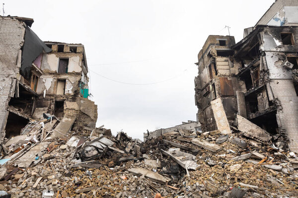 BORODYANKA, UKRAINE - APR. 06, 2022: War in Ukraine. Chaos and devastation on the streets of Borodyanka as a result of the attack of Russian invaders