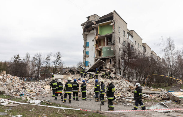 BORODYANKA, UKRAINE - APR. 06, 2022: War in Ukraine. Chaos and devastation on the streets of Borodyanka as a result of the attack of Russian invaders