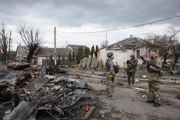 Bucha Ukraine Apr 2022 War Ukraine Destroyed Military Equipment Russian — Stock Photo, Image