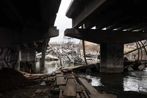 Irpin Ucrania Abril 2022 Puente Destruido Sobre Río Irpin Entrada — Foto de Stock