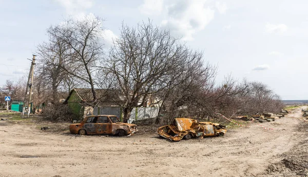 Andriivka Ukraine Aprilie 2022 Echipamentele Abandonate Scoicile Cutiile Goale Arme — Fotografie, imagine de stoc