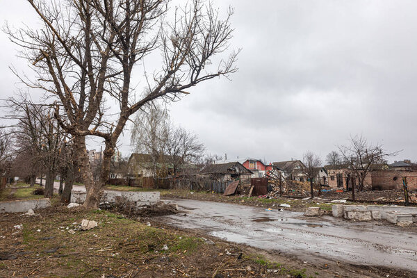 CHERNIHIV REG., UKRAINE - Apr. 18, 2022: Russia's war against Ukraine. Completely destroyed houses and chaos in the Chernihiv region as a result of the attack of Russian invaders