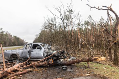 Ukrayna 'da savaş. Yanmış araba ve hasarlı ağaçlar. Rus ordusunun Chernihiv yakınlarındaki otoyolda Ukrayna 'yı istila ettiğine dair izler var..