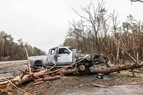 War Ukraine Burnt Car Damaged Trees Traces Russian Army Invasion — стоковое фото