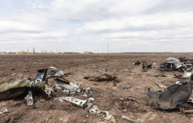 MAKARIV, UKRAINE - Nisan. 23, 2022: Makariv köyü yakınlarındaki bir tarlanın ortasında düşmüş ve yanmış bir helikopterin enkazı arasında ölen Rus askeri pilotların iskeletleri
