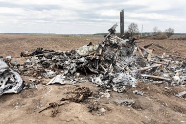 MAKARIV, UKRAINE - Nisan. 23, 2022: Makariv köyü yakınlarındaki bir tarlanın ortasında düşmüş ve yanmış bir helikopterin enkazı arasında ölen Rus askeri pilotların iskeletleri