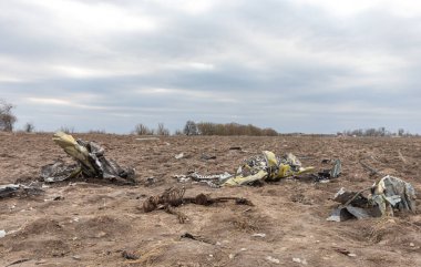 MAKARIV, UKRAINE - Nisan. 23, 2022: Makariv köyü yakınlarındaki bir tarlanın ortasında düşmüş ve yanmış bir helikopterin enkazı arasında ölen Rus askeri pilotların iskeletleri