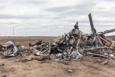 MAKARIV, UKRAINE - Nisan. 23, 2022: Makariv köyü yakınlarındaki bir tarlanın ortasında düşmüş ve yanmış bir helikopterin enkazı arasında ölen Rus askeri pilotların iskeletleri