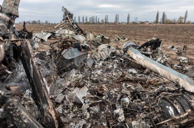 MAKARIV, UKRAINE - Nisan. 23, 2022: Makariv köyü yakınlarındaki bir tarlanın ortasında düşmüş ve yanmış bir helikopterin enkazı arasında ölen Rus askeri pilotların iskeletleri