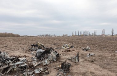 MAKARIV, UKRAINE - Nisan. 23, 2022: Makariv köyü yakınlarındaki bir tarlanın ortasında düşmüş ve yanmış bir helikopterin enkazı arasında ölen Rus askeri pilotların iskeletleri