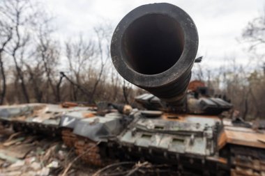 KYIV Reg, UKRAINE - Nisan. 23, 2022: Kyiv civarındaki Zhytomyr otoyolu boyunca Rus işgalcilerin tankları ve diğer askeri teçhizatları yok edildi ve yakıldı.