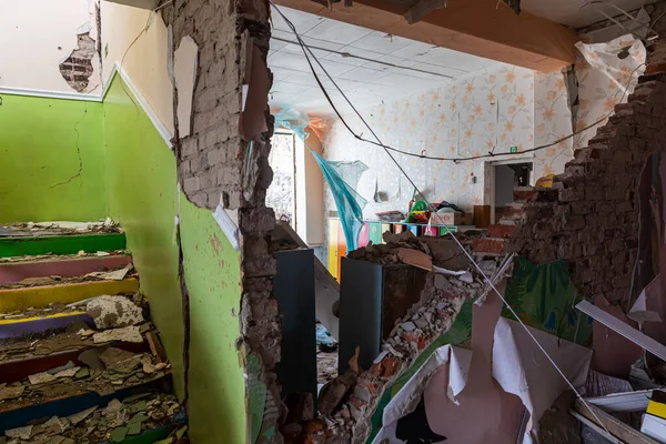 Makariv Ukraine Apr 2022 Destroyed Kindergarten Result Invasion Ukraine Russian — Foto Stock