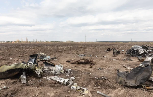 MAKARIV, UKRAINE - Nisan. 23, 2022: Makariv köyü yakınlarındaki bir tarlanın ortasında düşmüş ve yanmış bir helikopterin enkazı arasında ölen Rus askeri pilotların iskeletleri