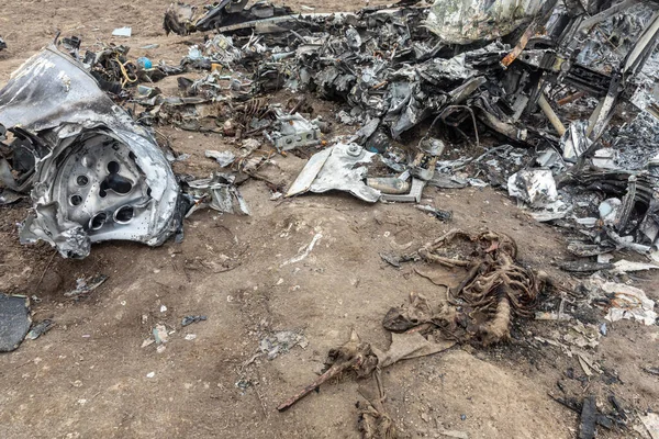 Makariv Ukraine Apr 2022 Skeletons Dead Russian Military Pilots Wreckage — Stock Photo, Image