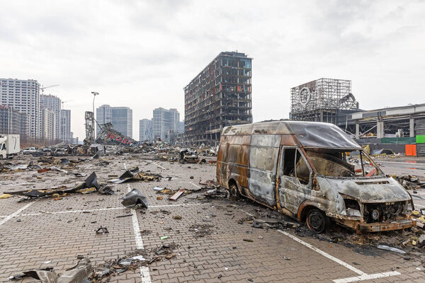 KYIV, UKRAINE - Mar. 29, 2022: War in Ukraine. Shopping center that was damaged by shelling on 21 March by a Russian attack in Kyiv, where according to emergency service, at least six people died